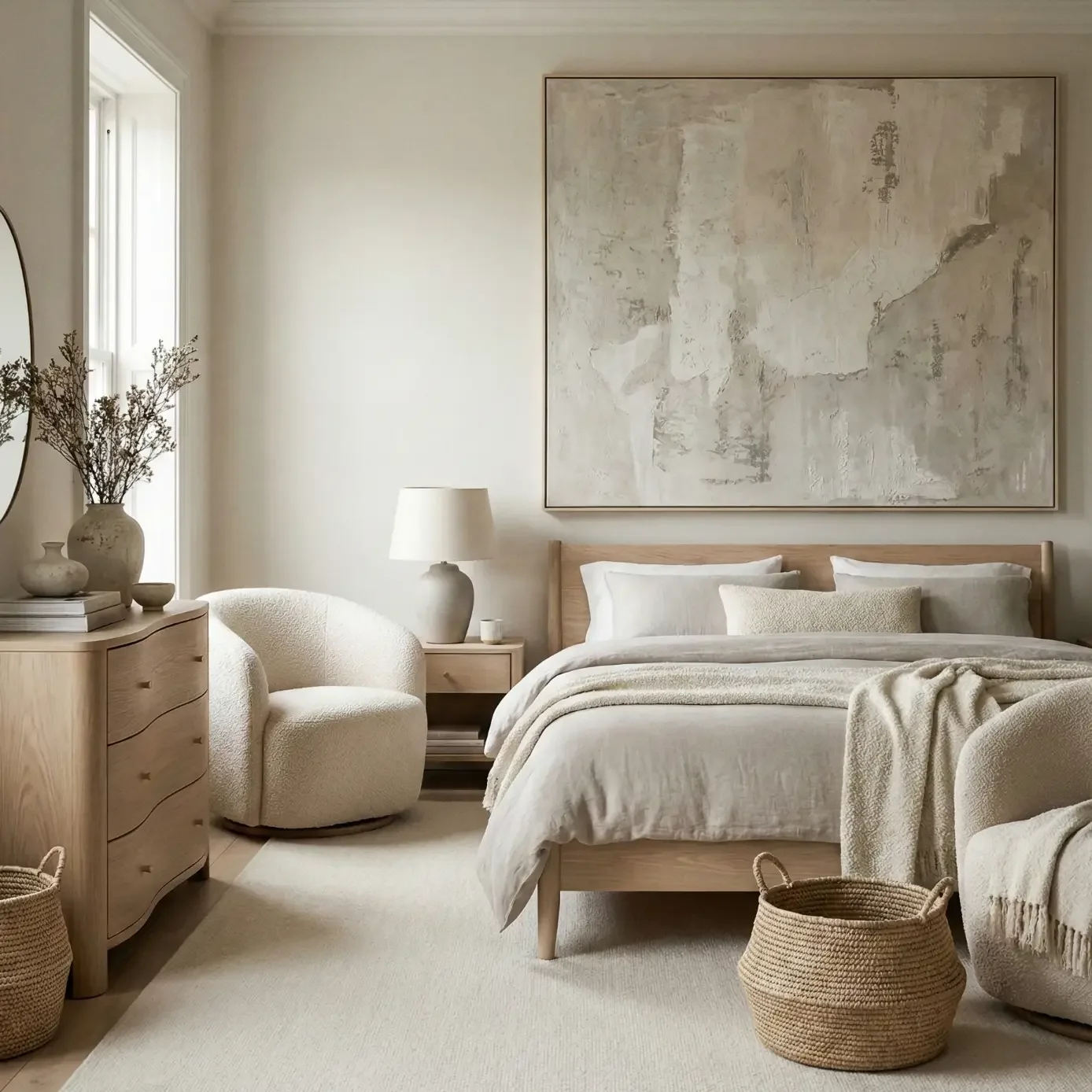 Neutral bedroom with large abstract art and light wood bed