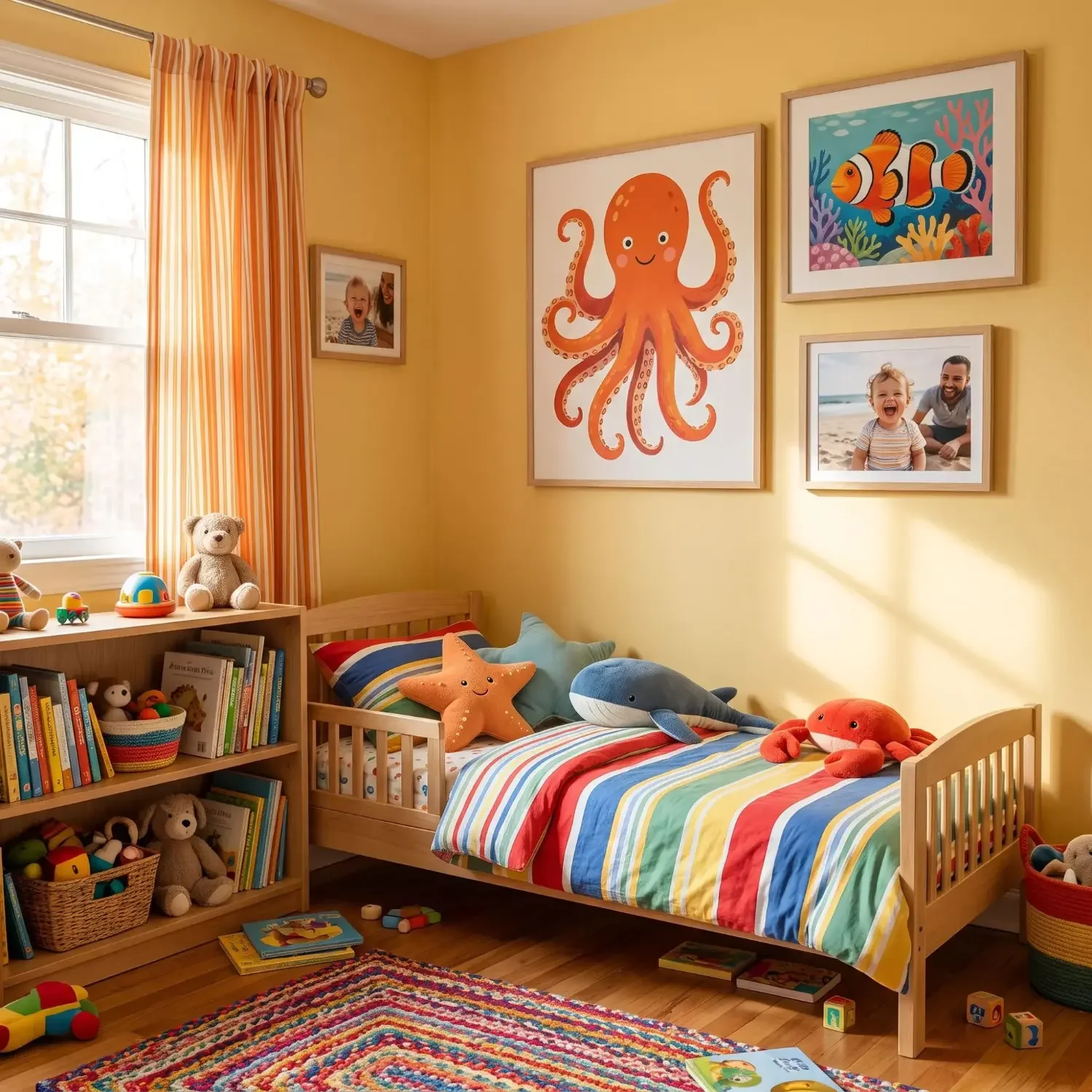 Toddler room wall art with ocean prints and photos