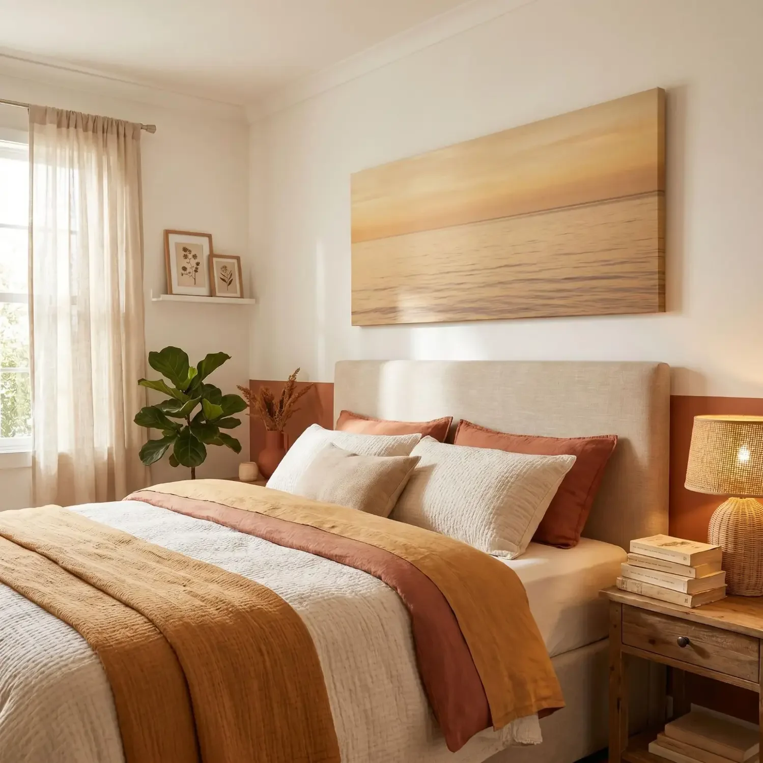 Ocean view panoramic art above bed headboard
