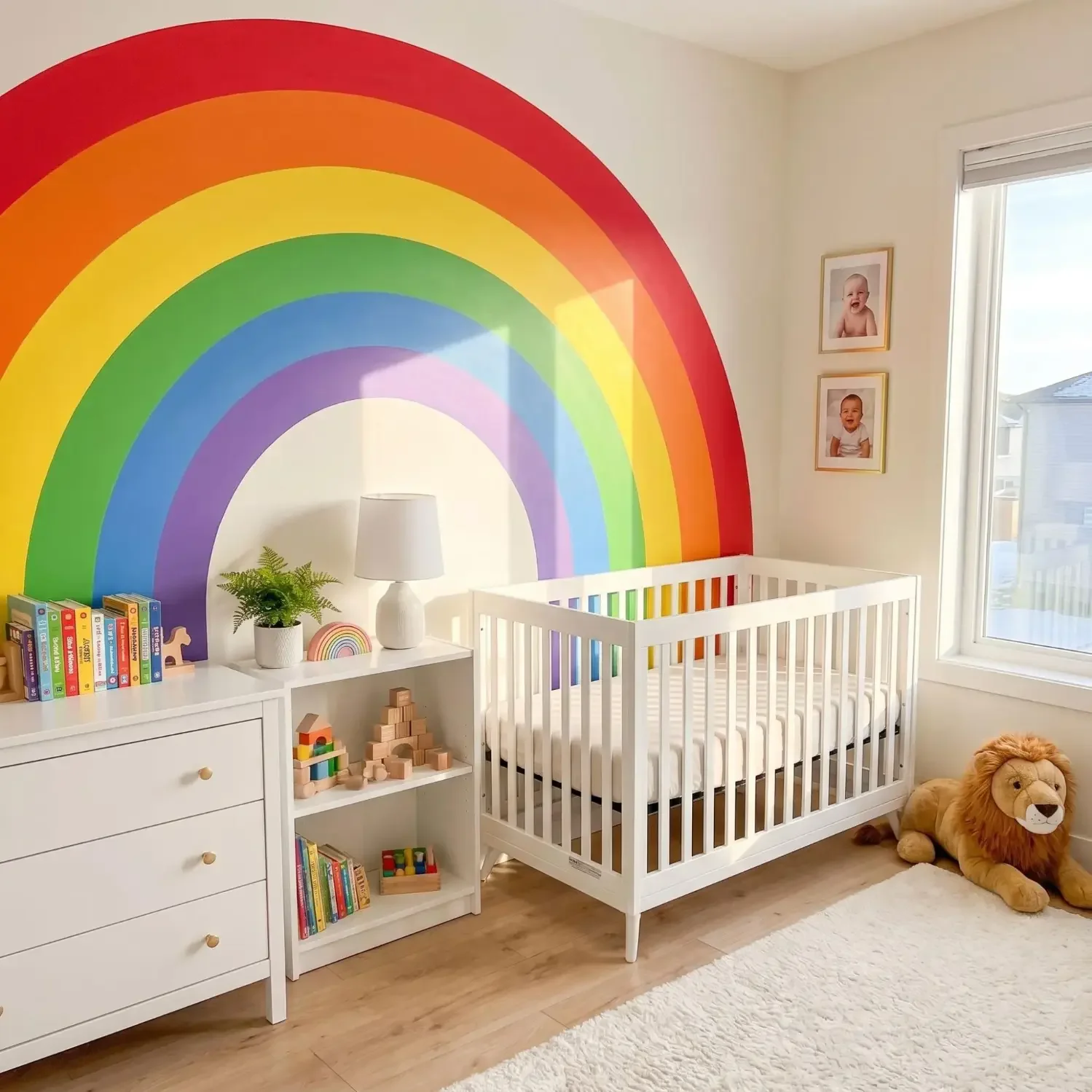 Bold rainbow mural in bright colorful nursery