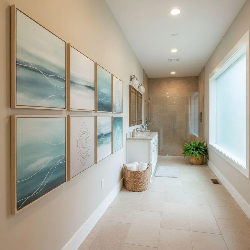 Coastal-inspired bathroom with canvas art