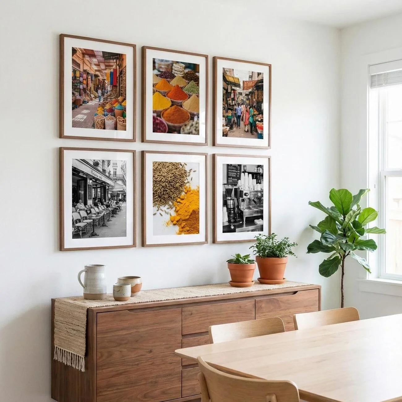 Framed market and spice photos above a wooden sideboard in bright room