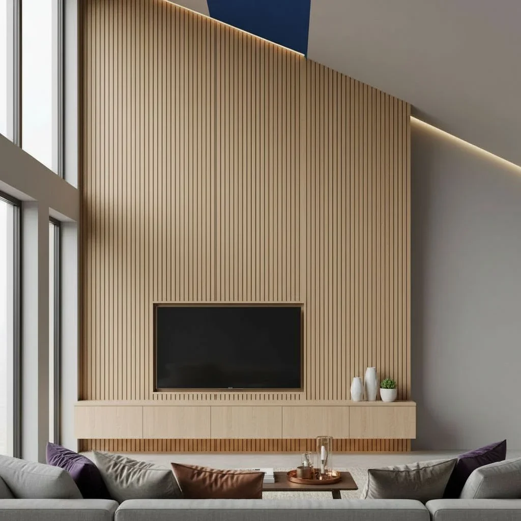 Thin wooden slat wall with fireplace