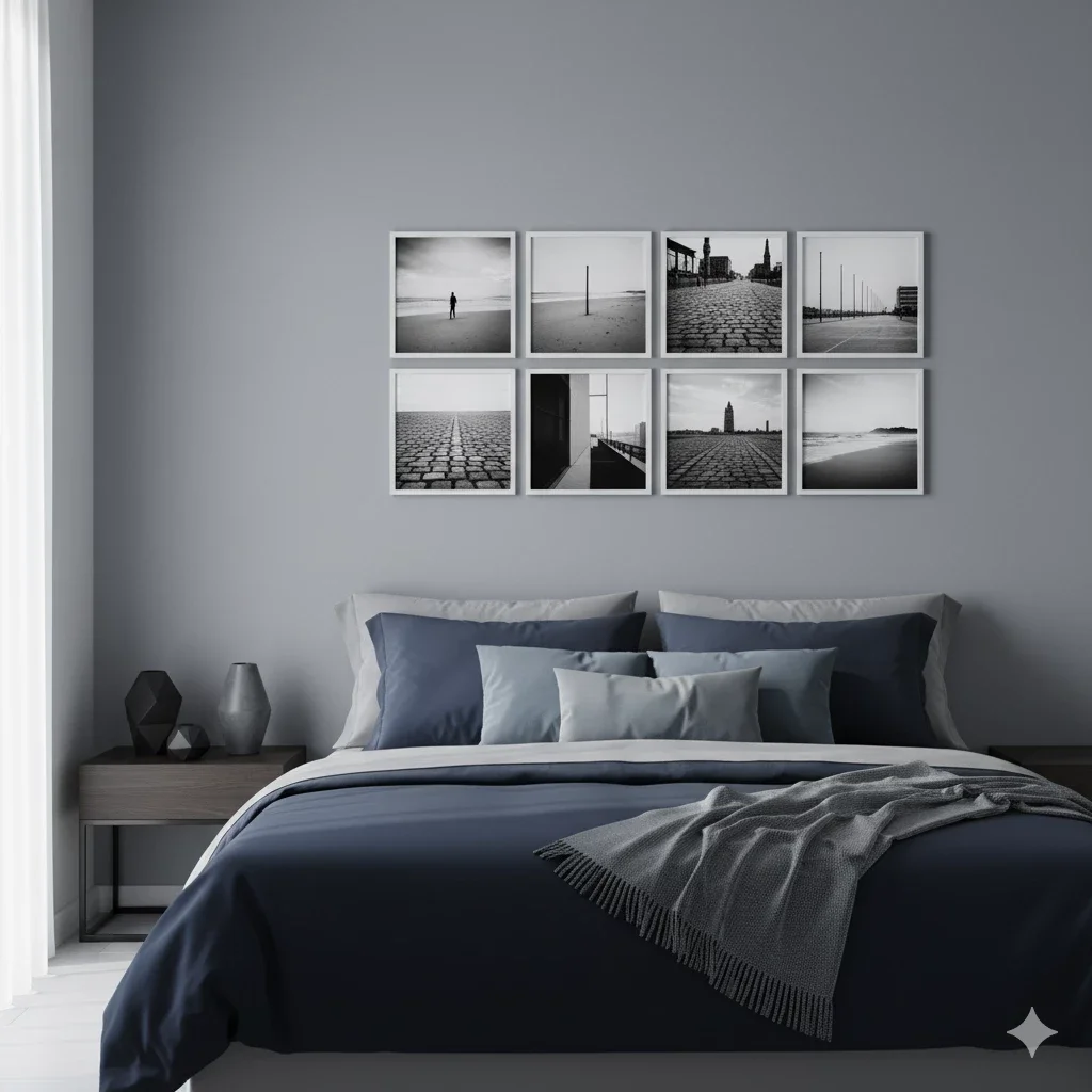 2x4 grid of monochrome prints over blue bedding