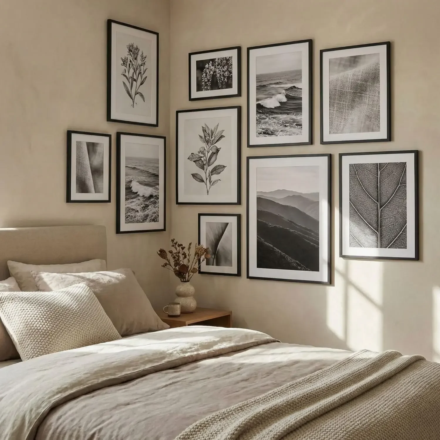 B&W botanical framed photos in white bedroom decor