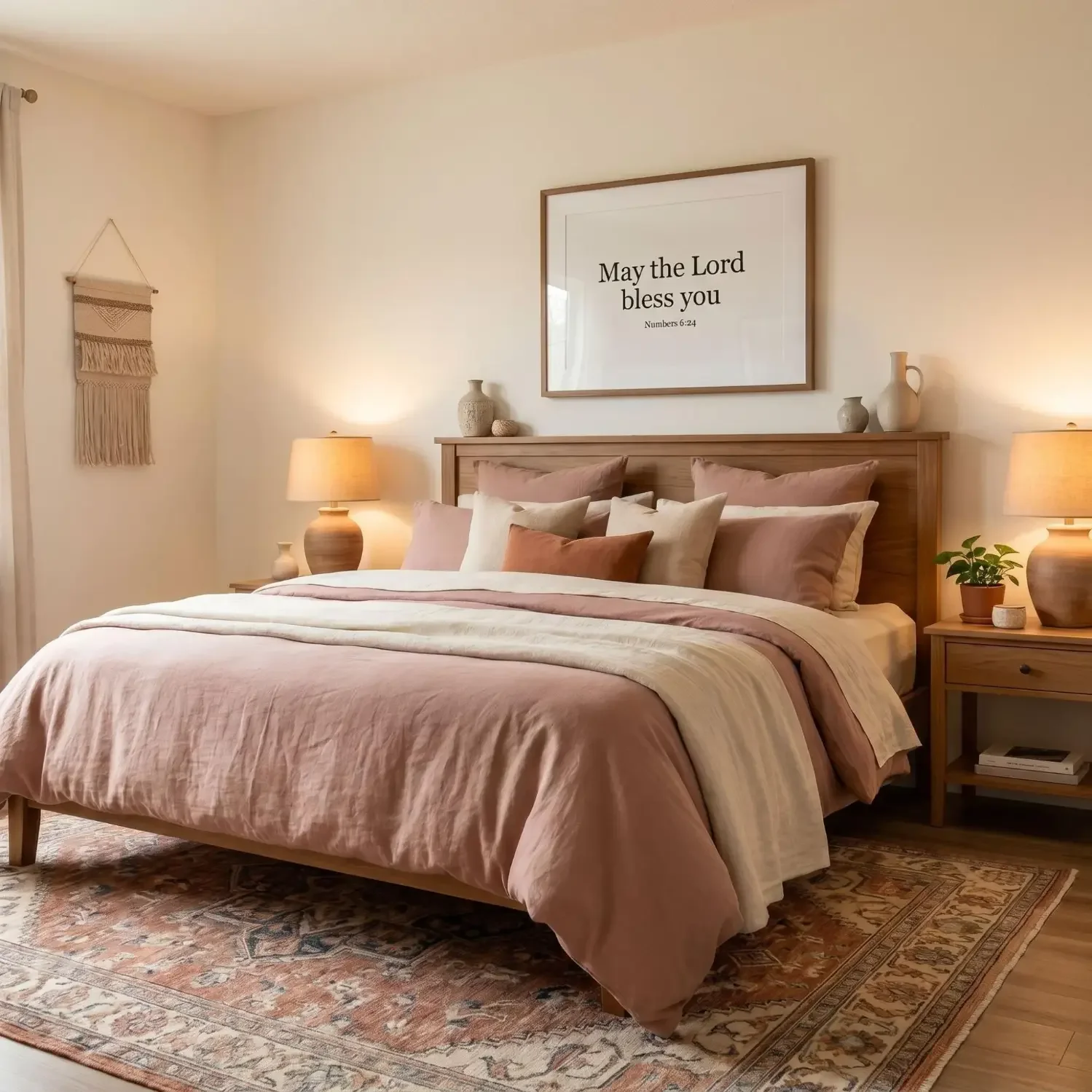 Scripture framed art above bed in cozy bedroom