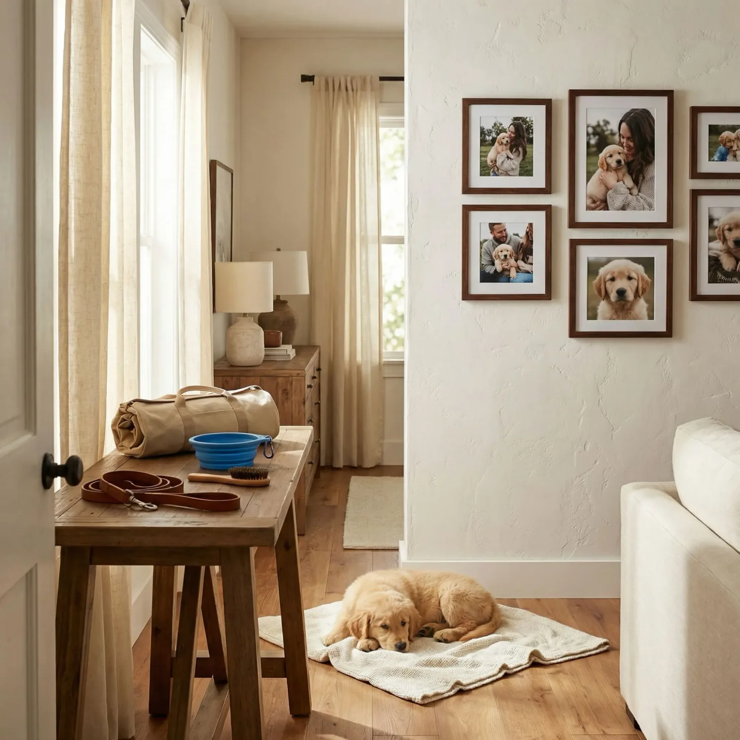 puppy in the floor and framed dog photos on wall