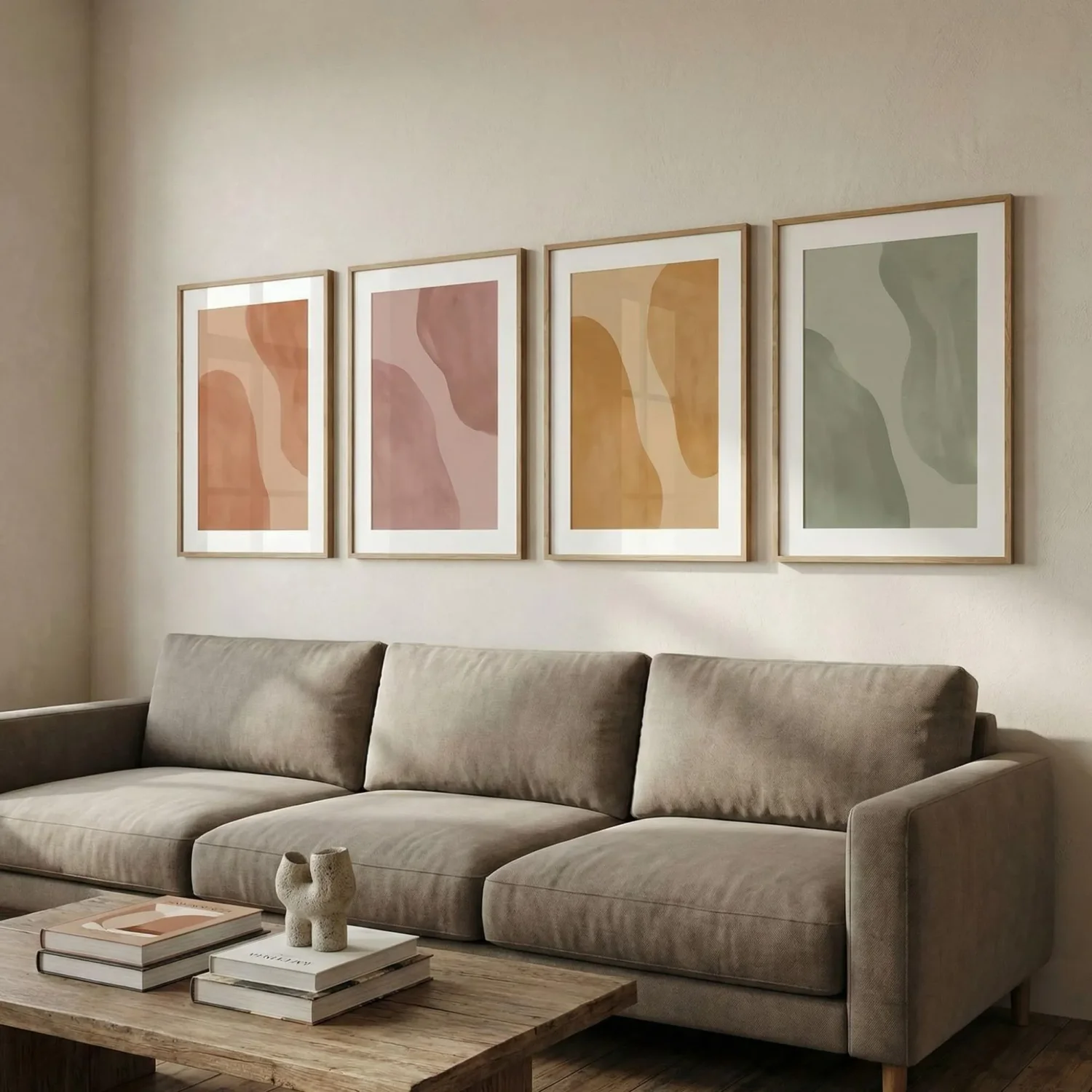 Linear row of four framed photos above long sofa