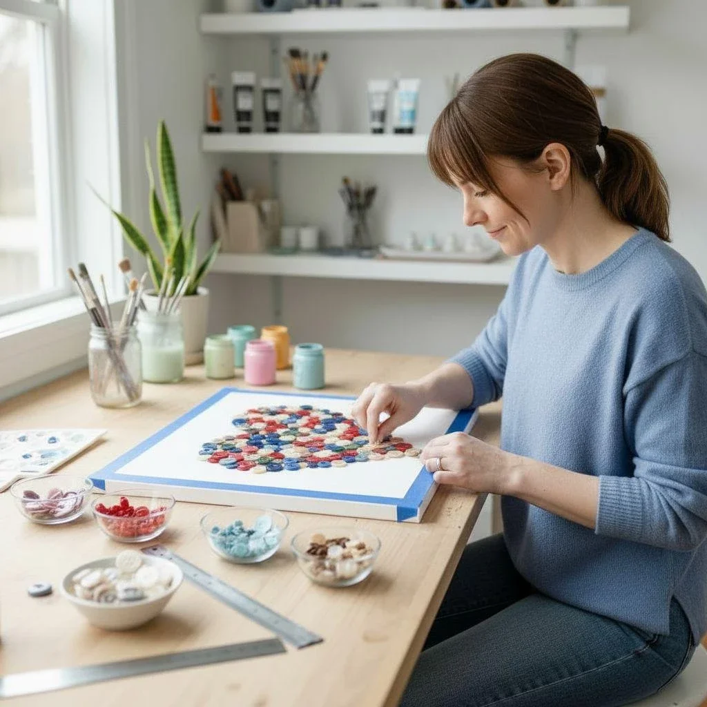 Completed button art heart on canvas