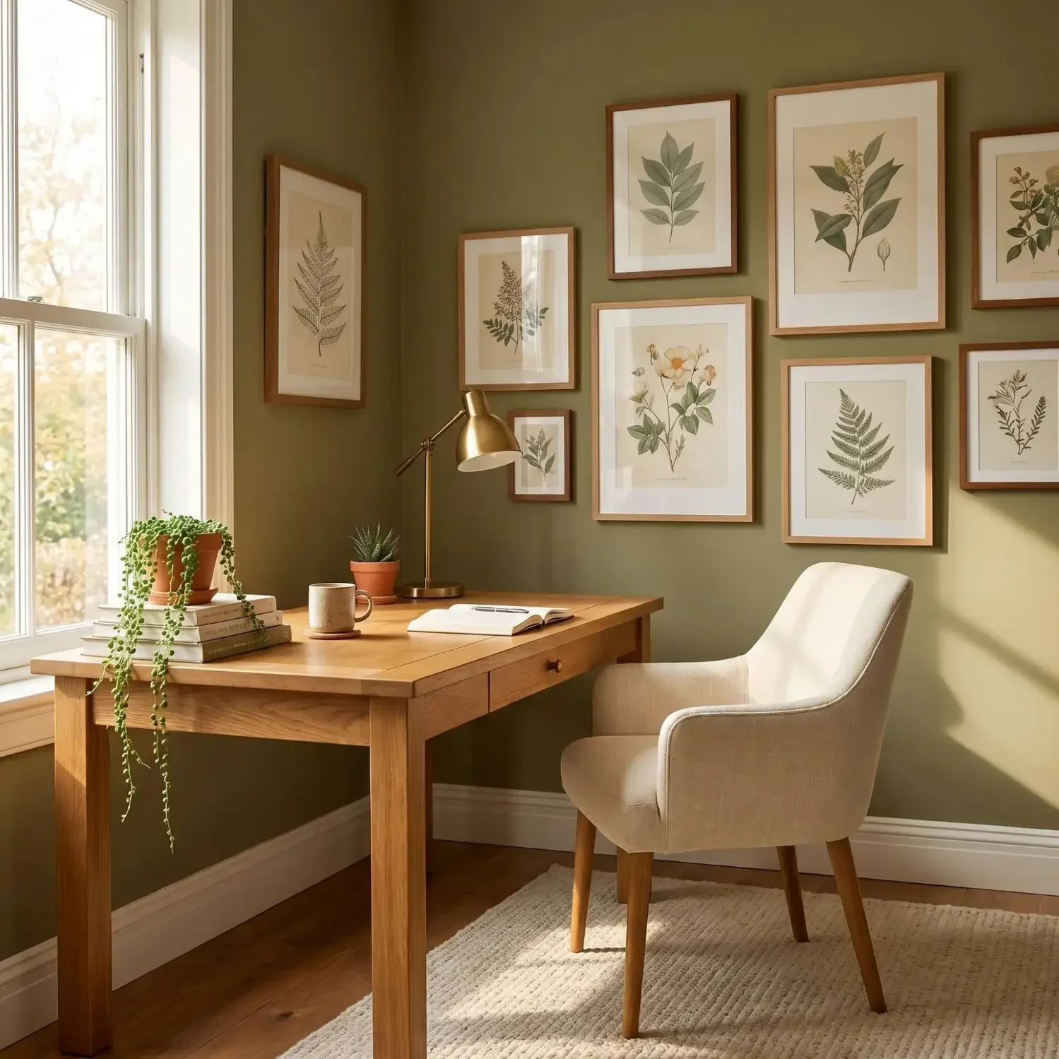 Framed botanical illustrations in a home office