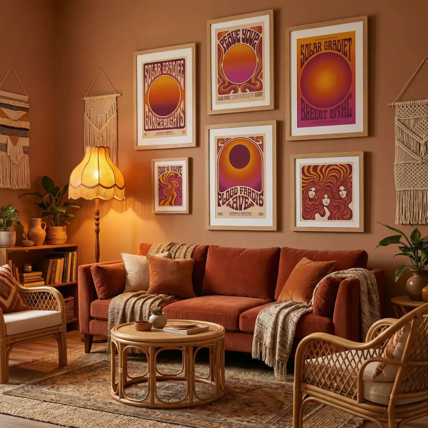 1970s boho interior with psychedelic framed prints