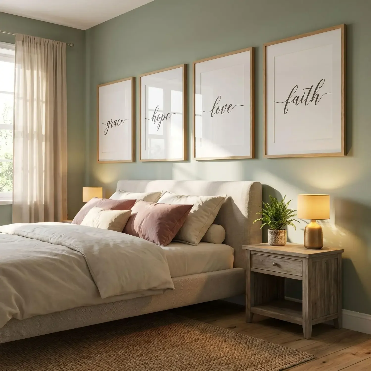 Scripture framed art on bedroom gallery wall