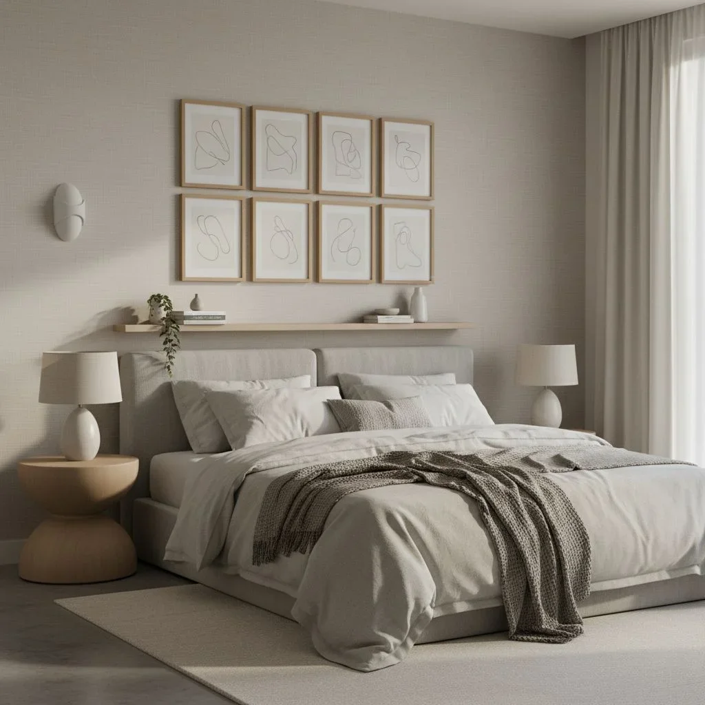 Transitional bedroom with sculptural sconce and art grid