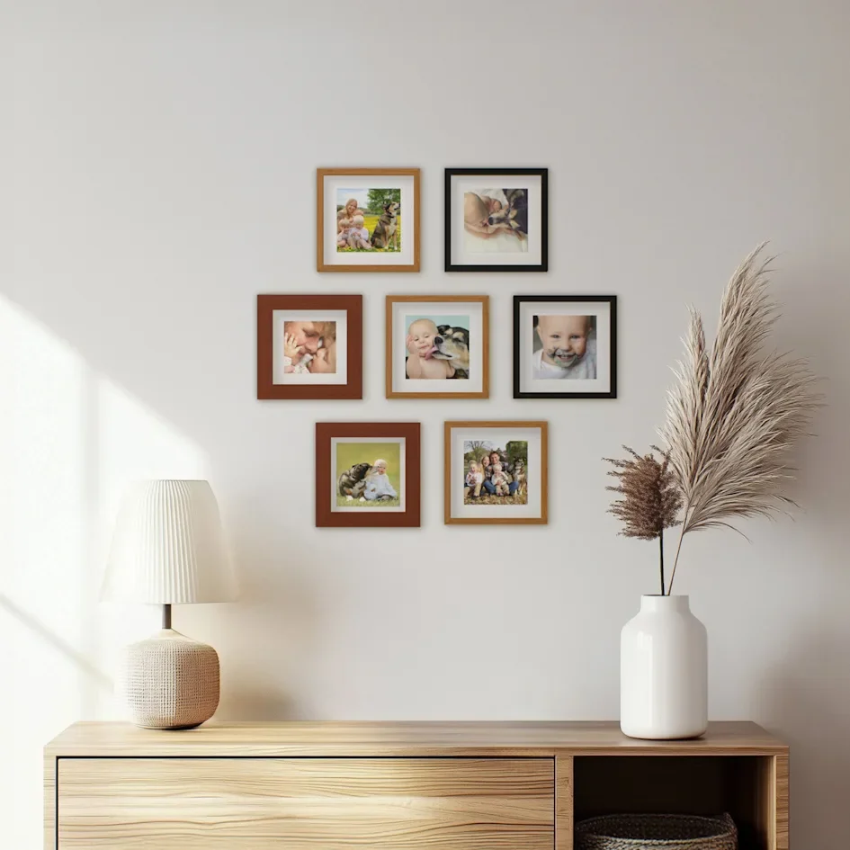 Assorted family pictures arranged in a living room wall