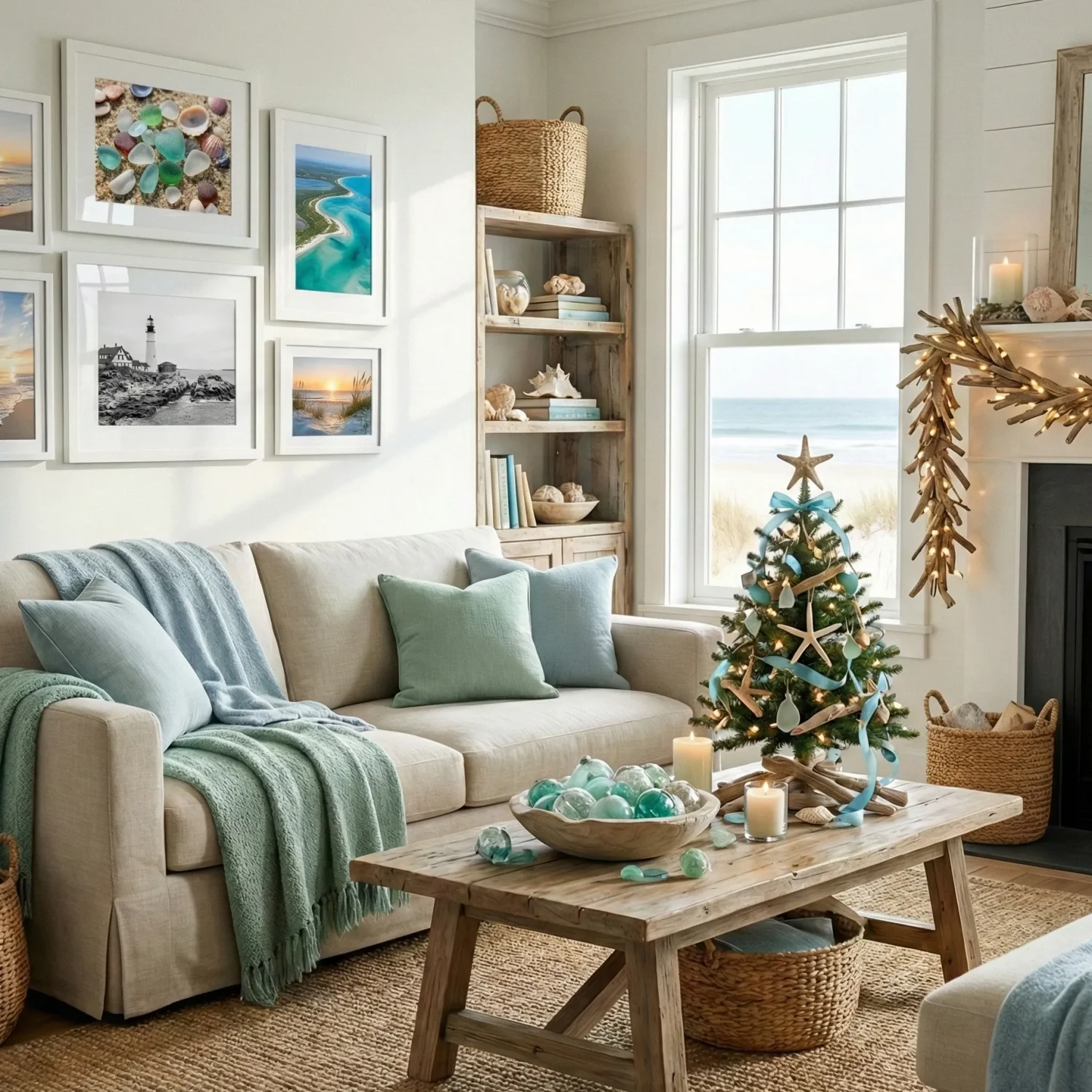 Beachy holiday decor with sea glass, wreath, and cozy sofa