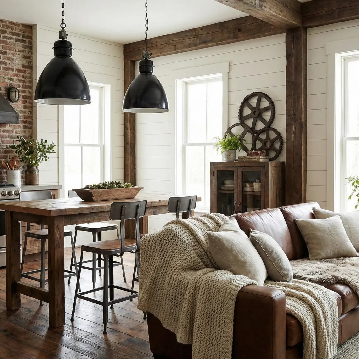Industrial farmhouse living space with leather sofa and beams