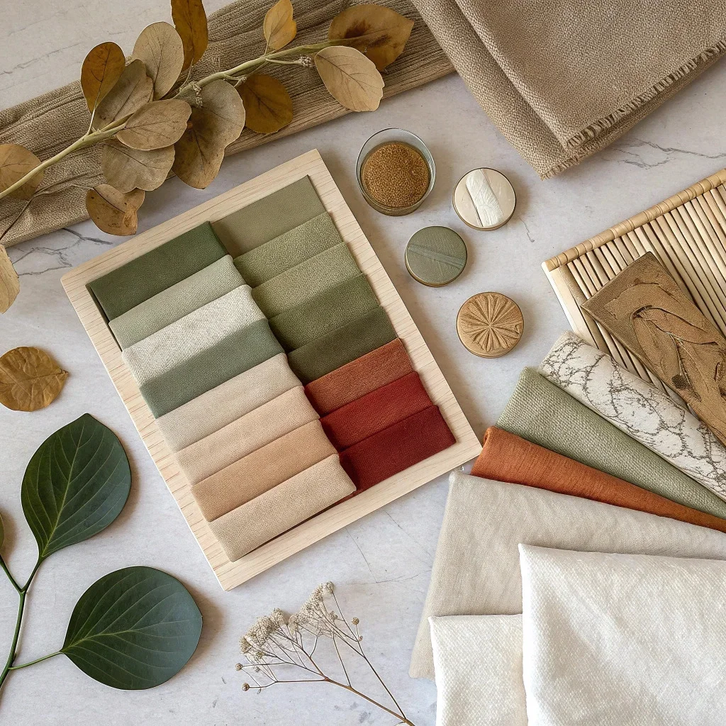 Mood board showing beige, olive green and terracotta paint swatches with mixed fabrics.