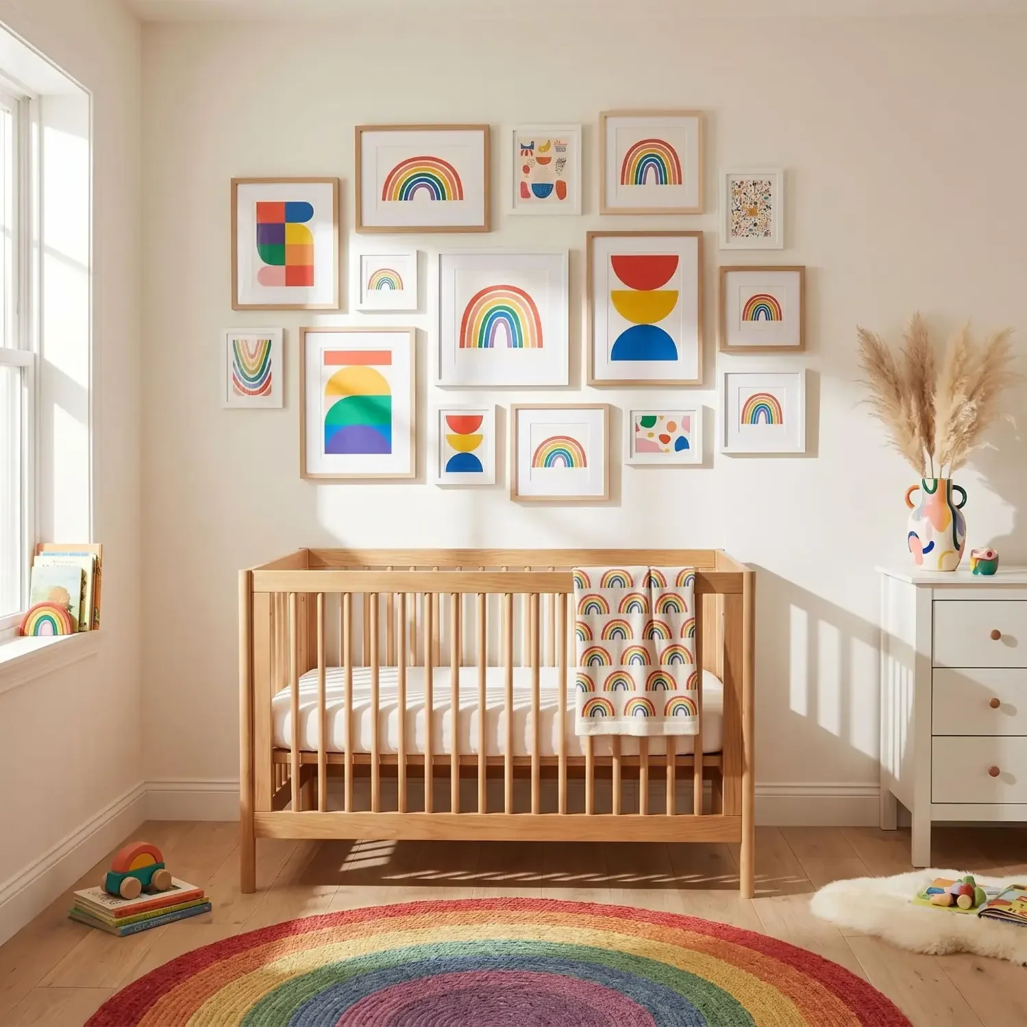 Colorful rainbow framed prints in a Scandi nursery