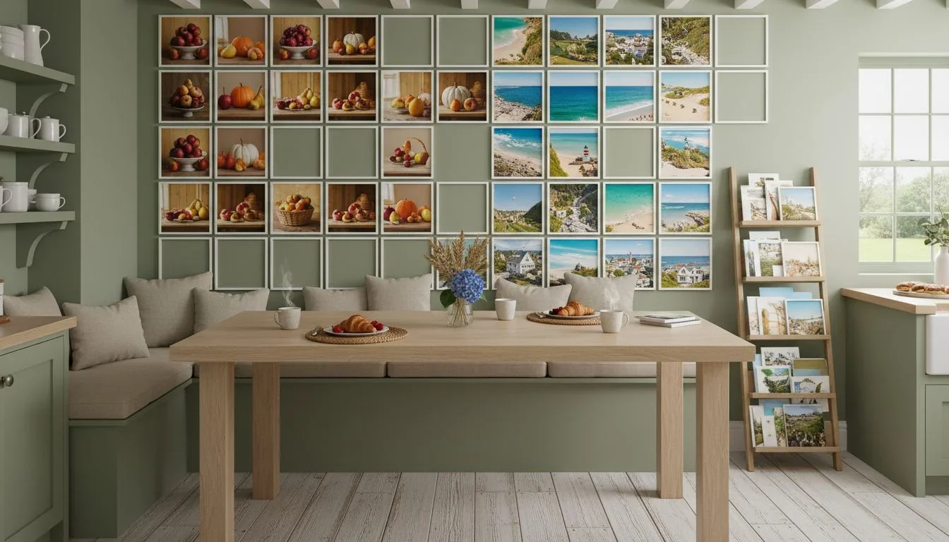 Mixtiles wall art above cottage breakfast nook