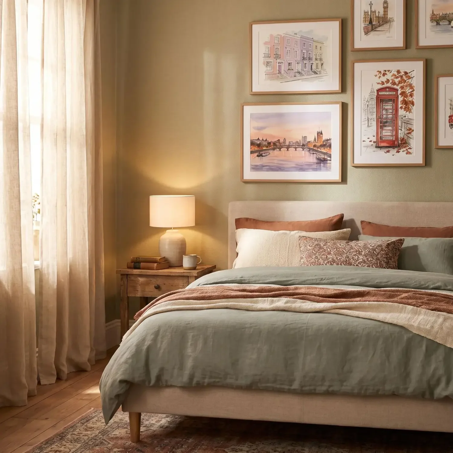 watercolour london wall art in soft-toned bedroom