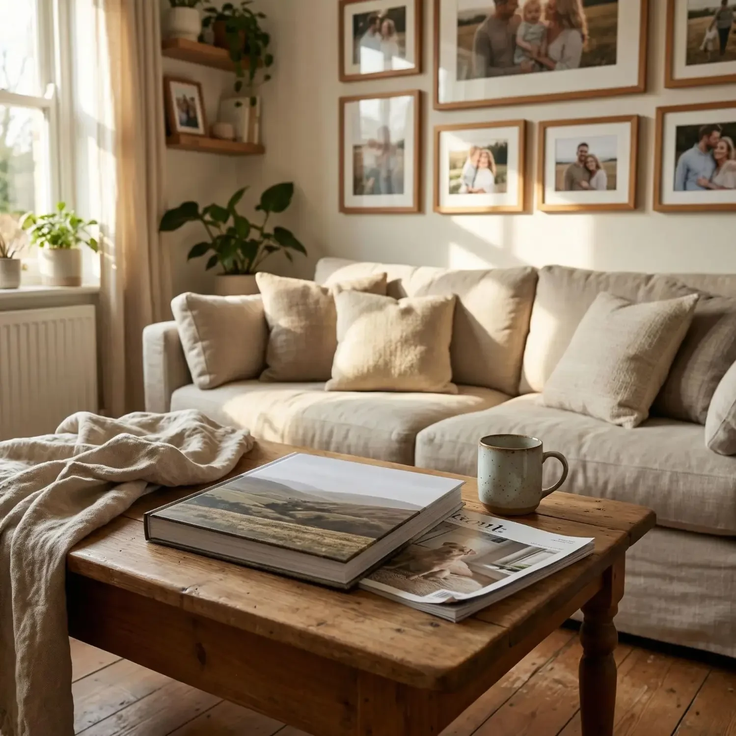 Minimalist photo book cover on a cozy coffee table