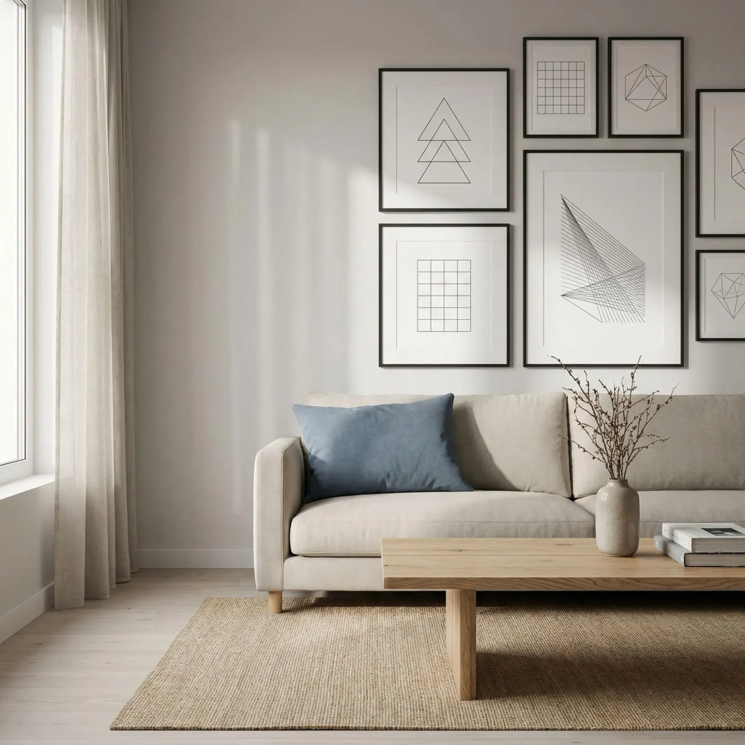 Minimalist geometric framed art in Japandi living room