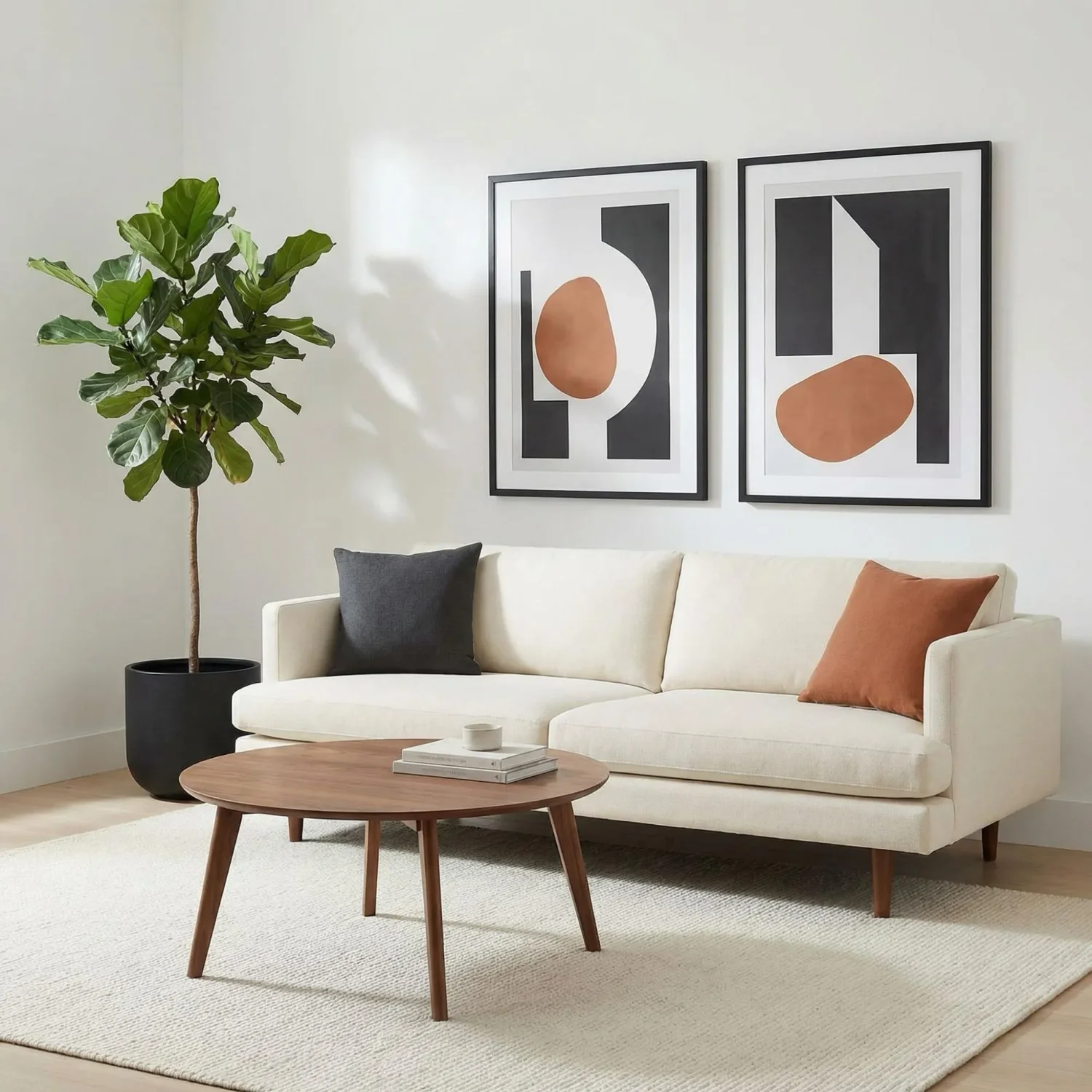 Minimalist MCM living room with abstract framed photos