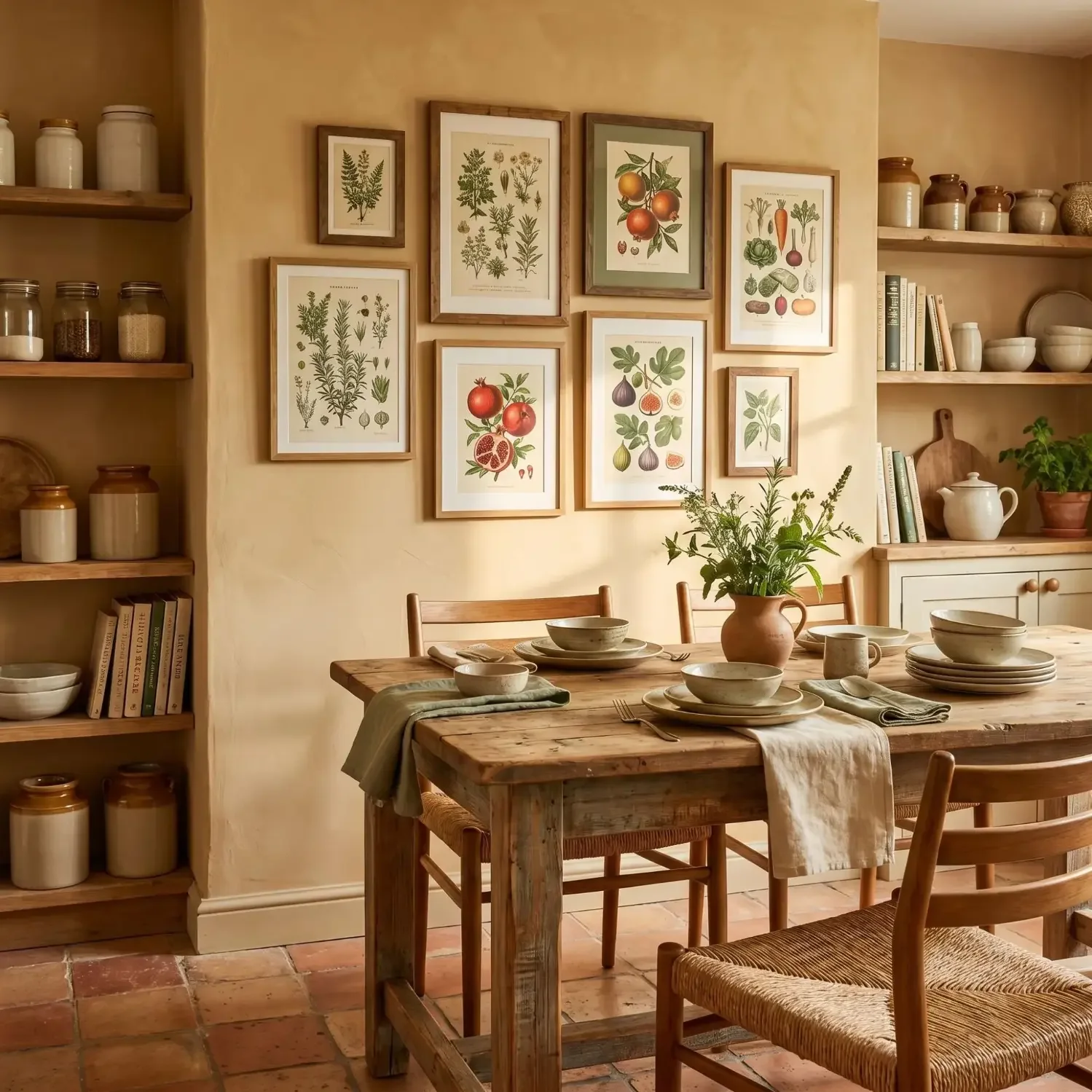 Botanical prints framed in a warm kitchen dining area