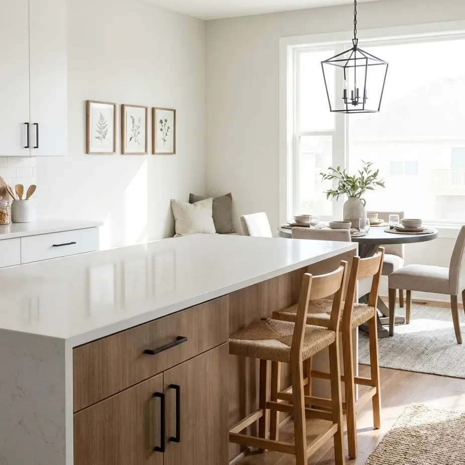 Modern kitchen-dining with stools, pendant light, and art