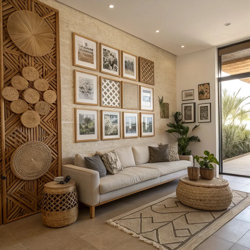 Living room wall featuring woven panels and framed prints.