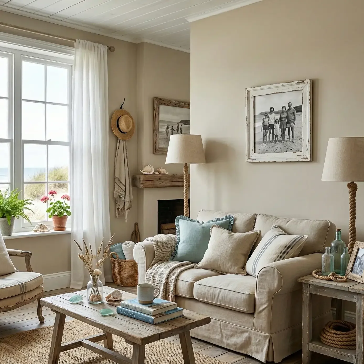 Coastal living room with beach view, neutral sofa, and framed photo
