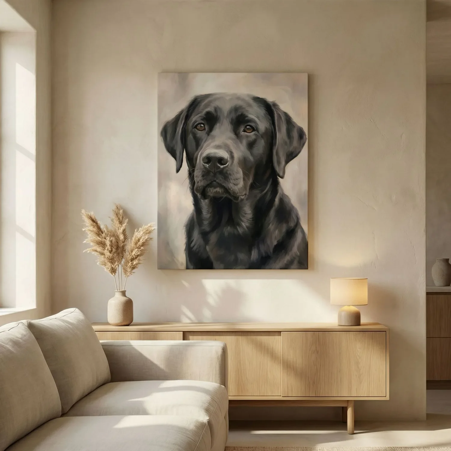 Large canvas dog portrait as living room focal point