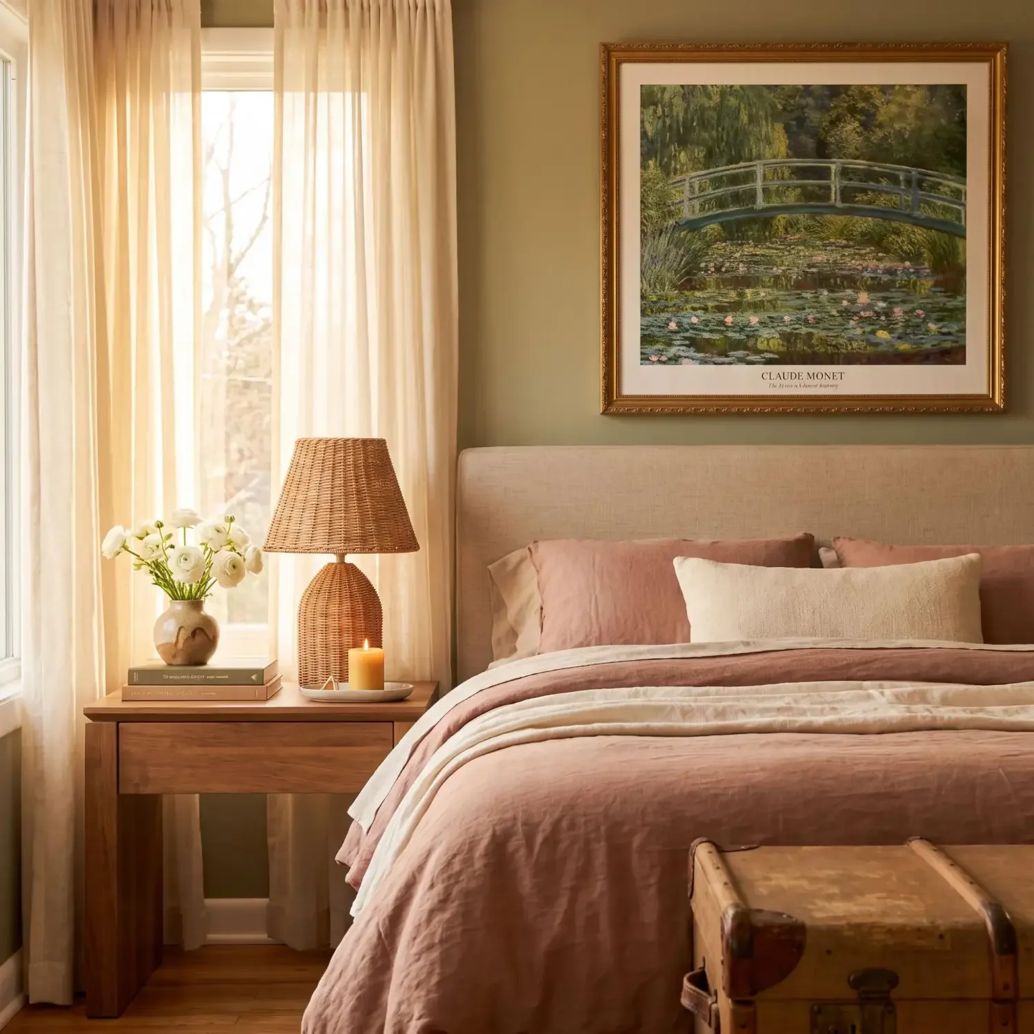 Monet Japanese Footbridge framed picture in cosy bedroom