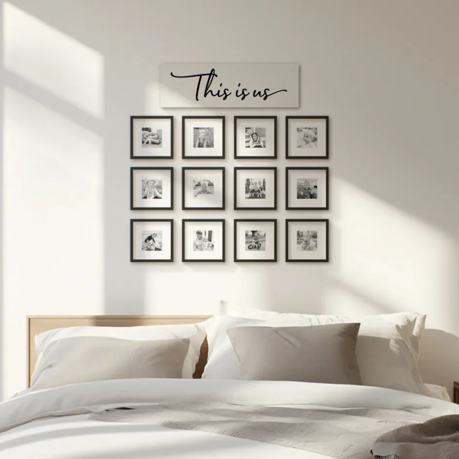 Bedroom wall with “This is us” sign and photo grid