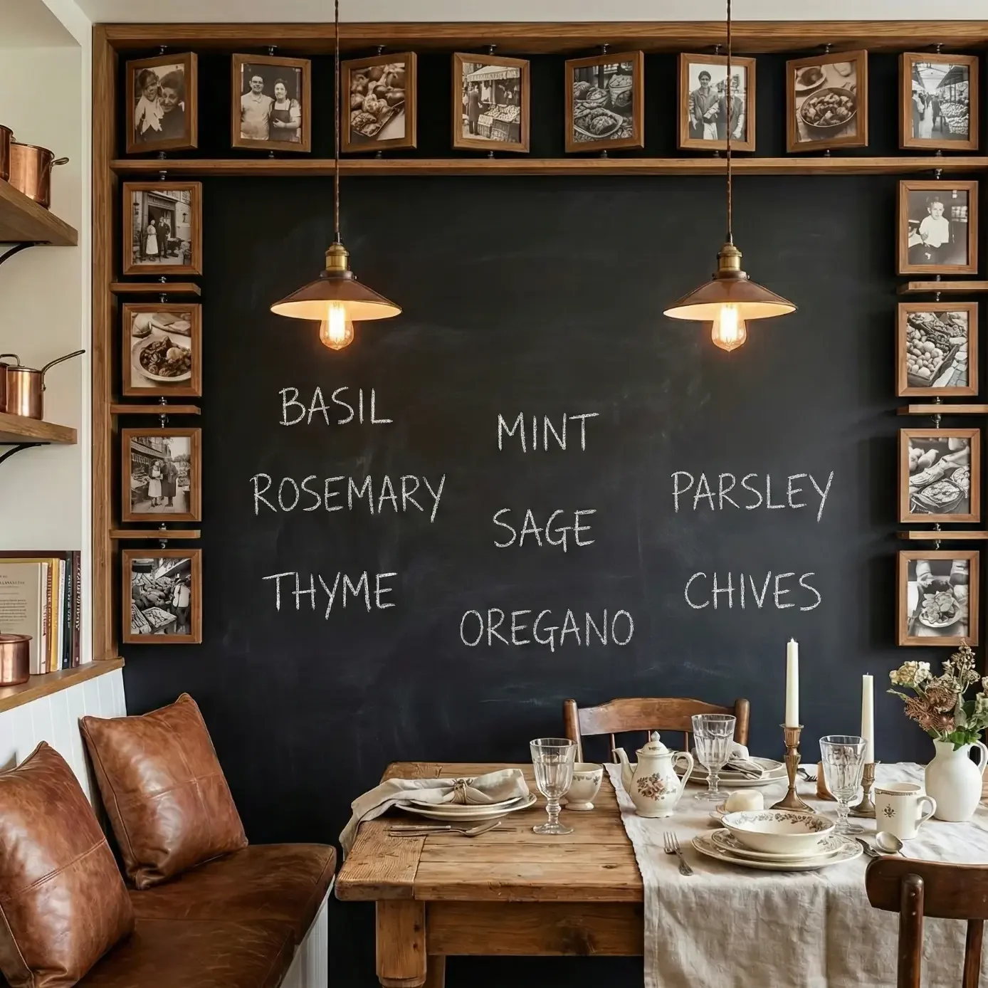 Cozy kitchen nook with chalkboard herb menu and pendant lights.