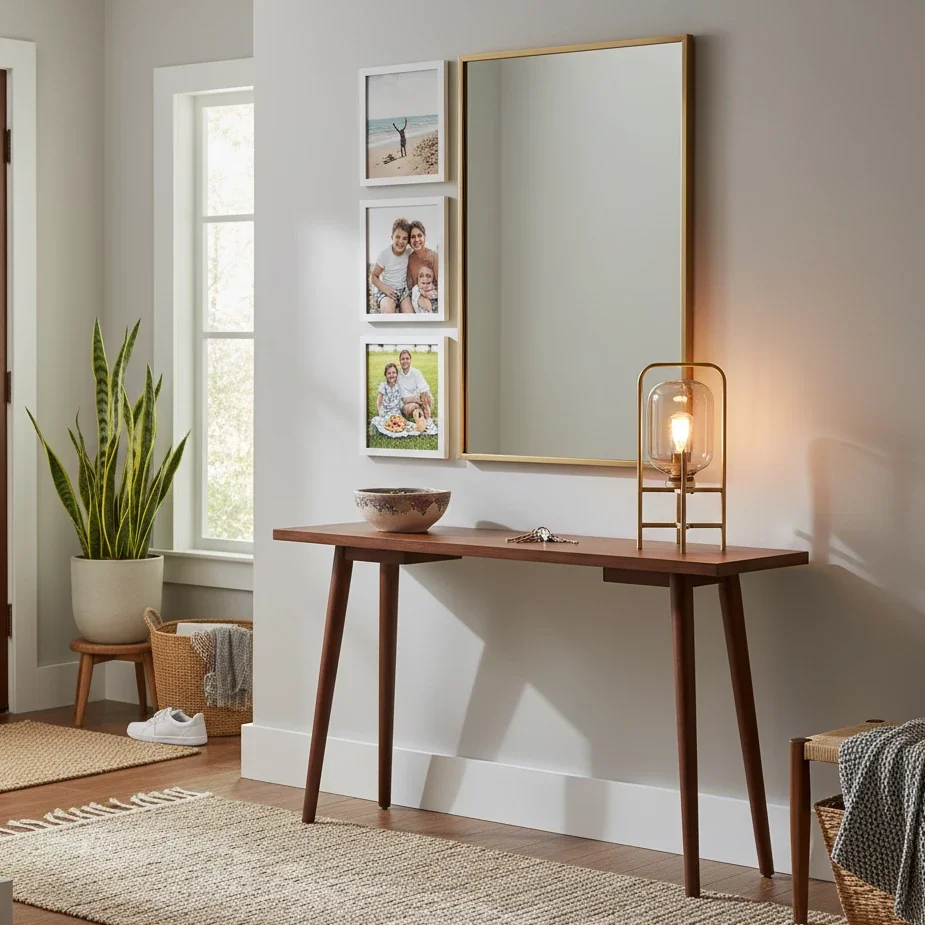 Bright entryway with wood console, mirror, and family photos