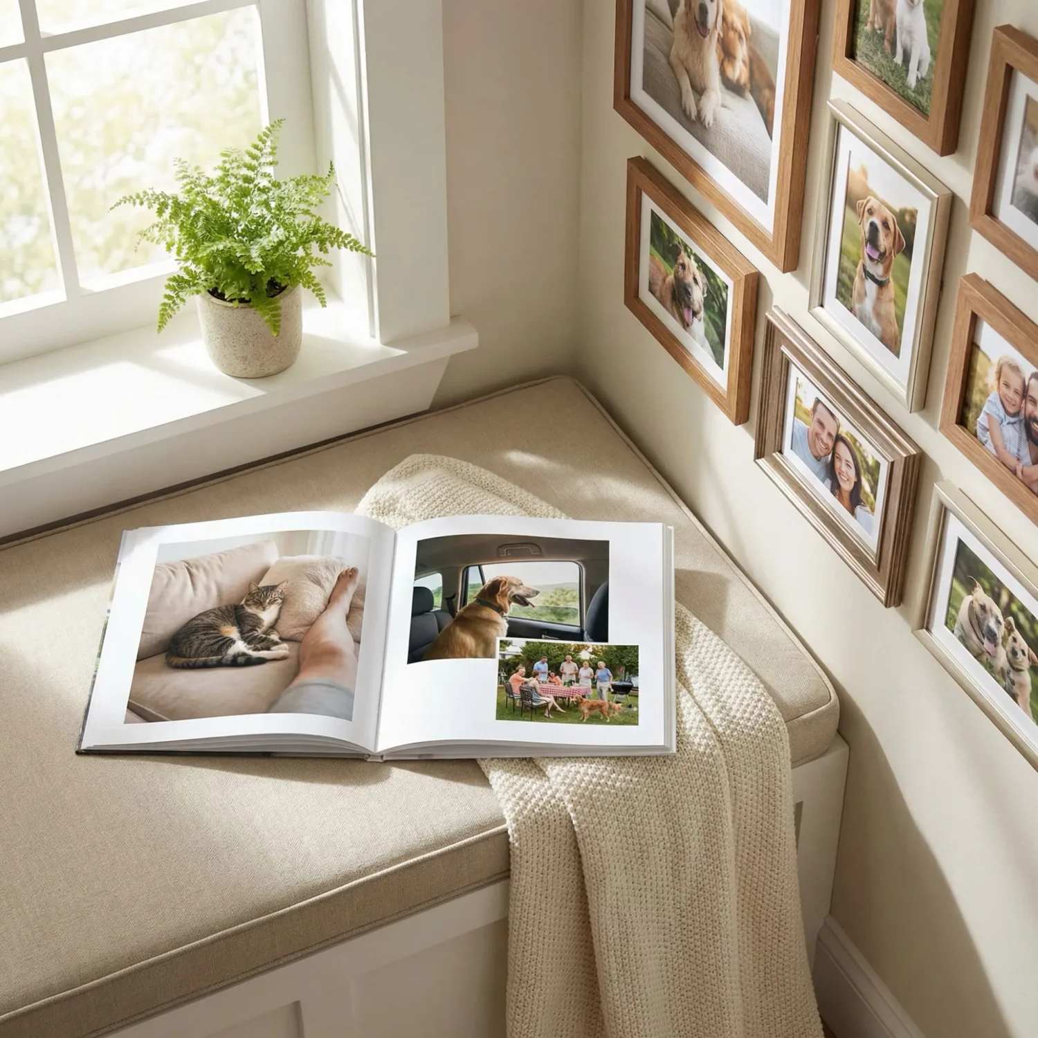 Pet photo book togetherness pages in reading nook