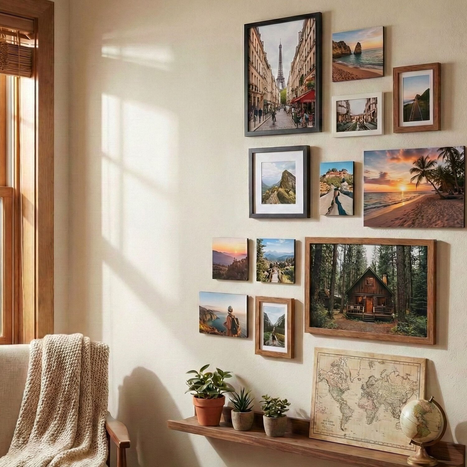 Travel-themed gallery wall with framed photos and plants