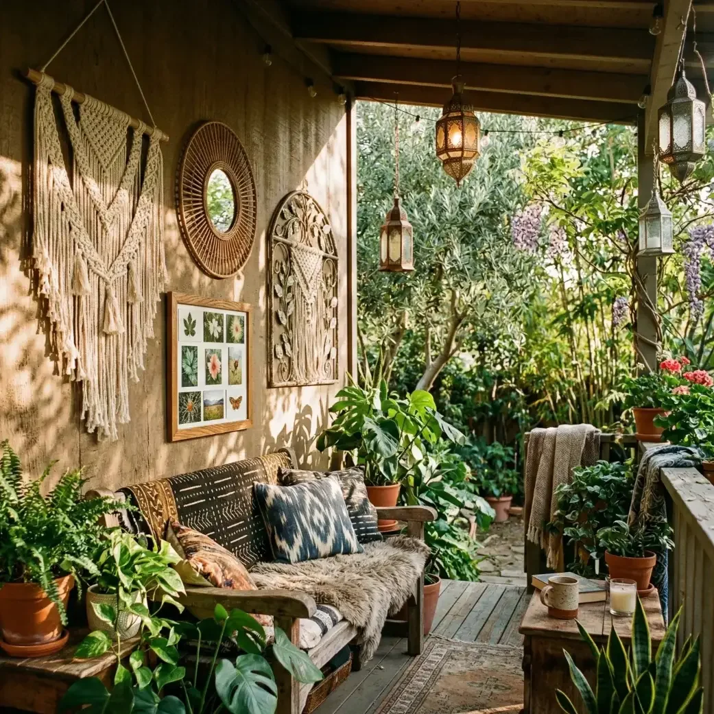 Boho porch with hanging lanterns, macrame, and lush plants