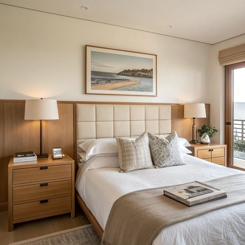 Minimalist bedroom with matching lamps, simplified nightstands, a calm duvet, and either one large artwork or a tight row of three framed pictures above the headboard.