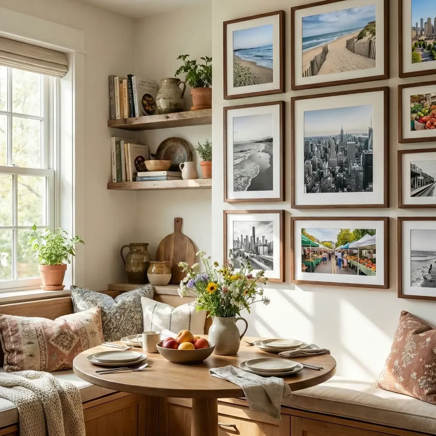Breakfast nook with gallery wall and round wooden table.