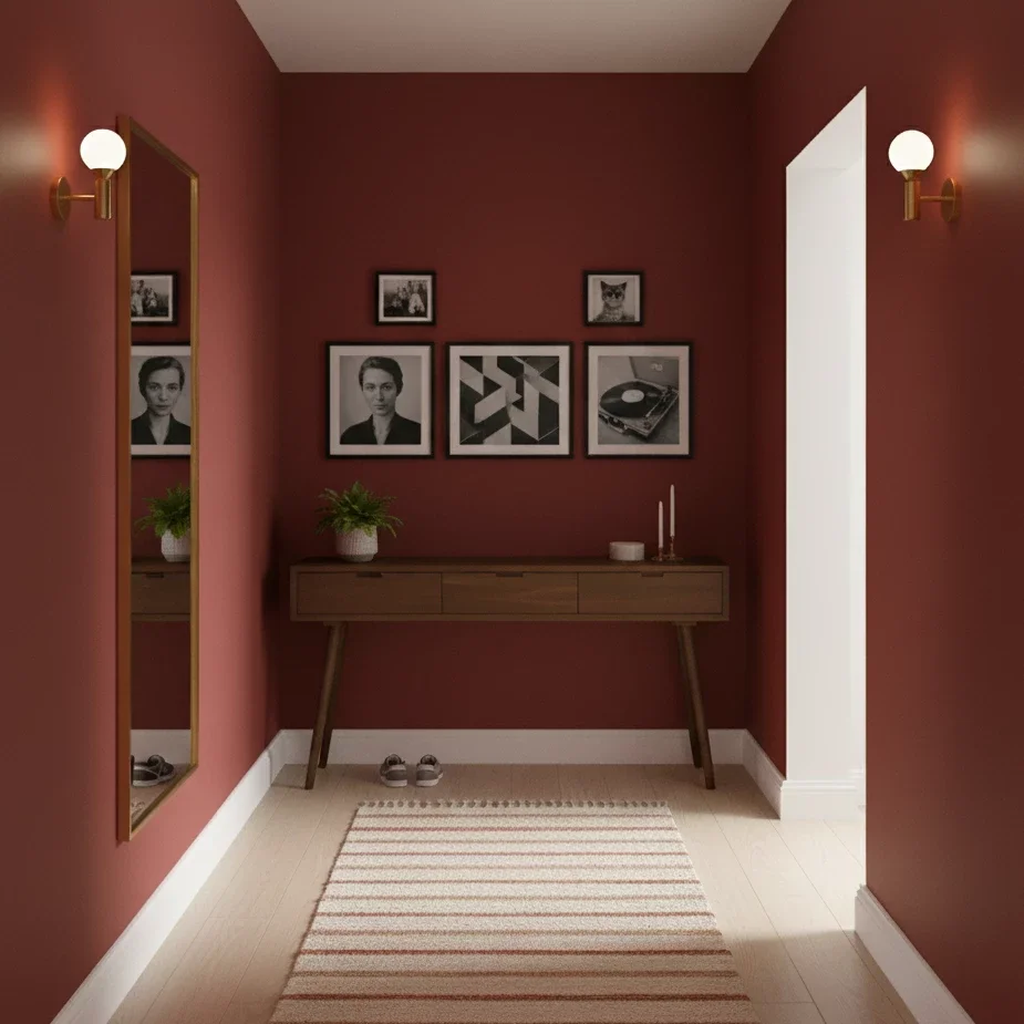 Stylish entryway with gallery wall and warm red walls