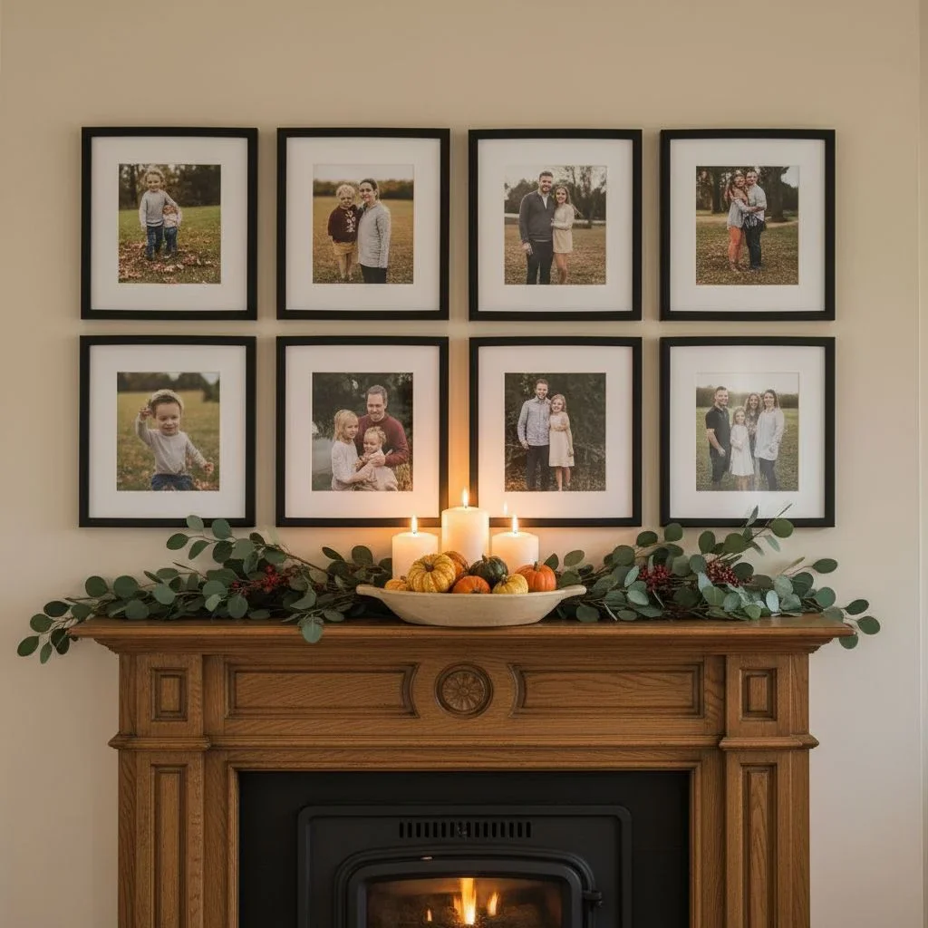 Cozy living room mantel with autumn decor