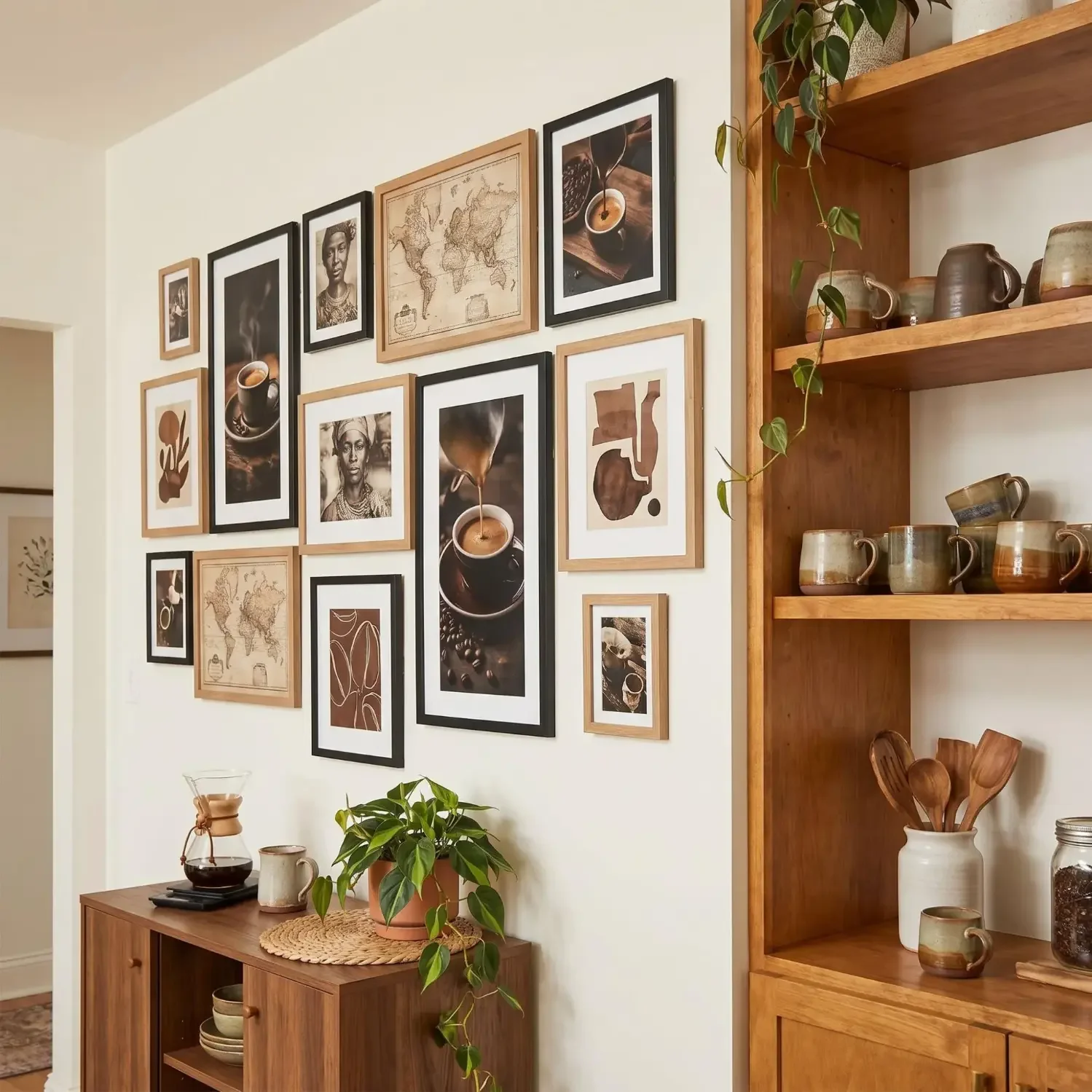Coffee gallery wall on kitchen accent wall