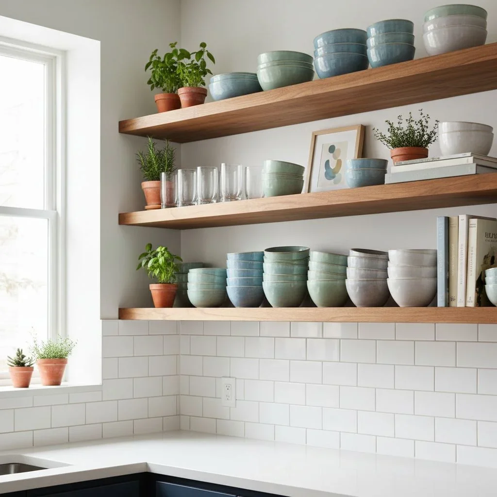 Organized open kitchen shelves with ceramics and herbs