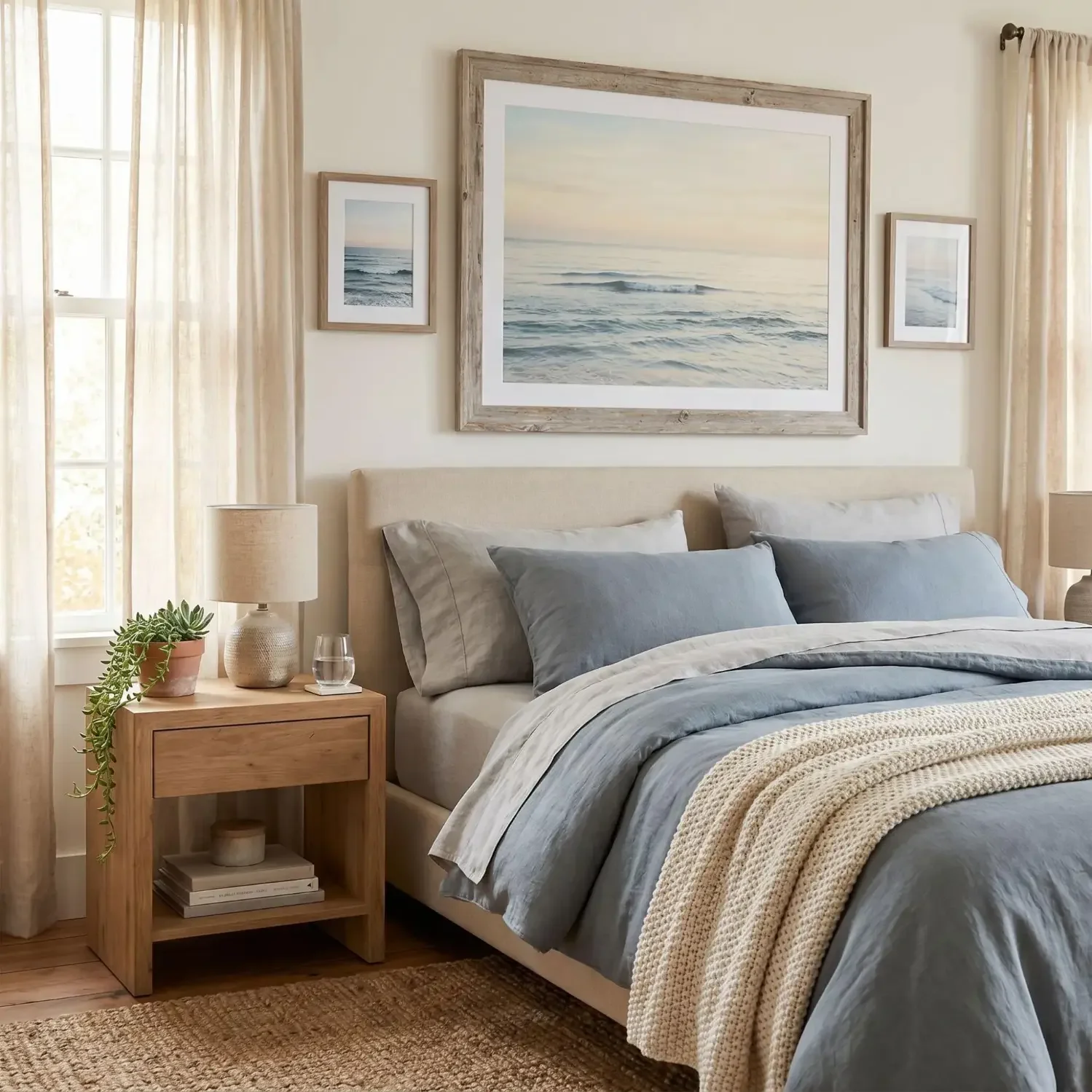 Ocean framed print above bedroom headboard