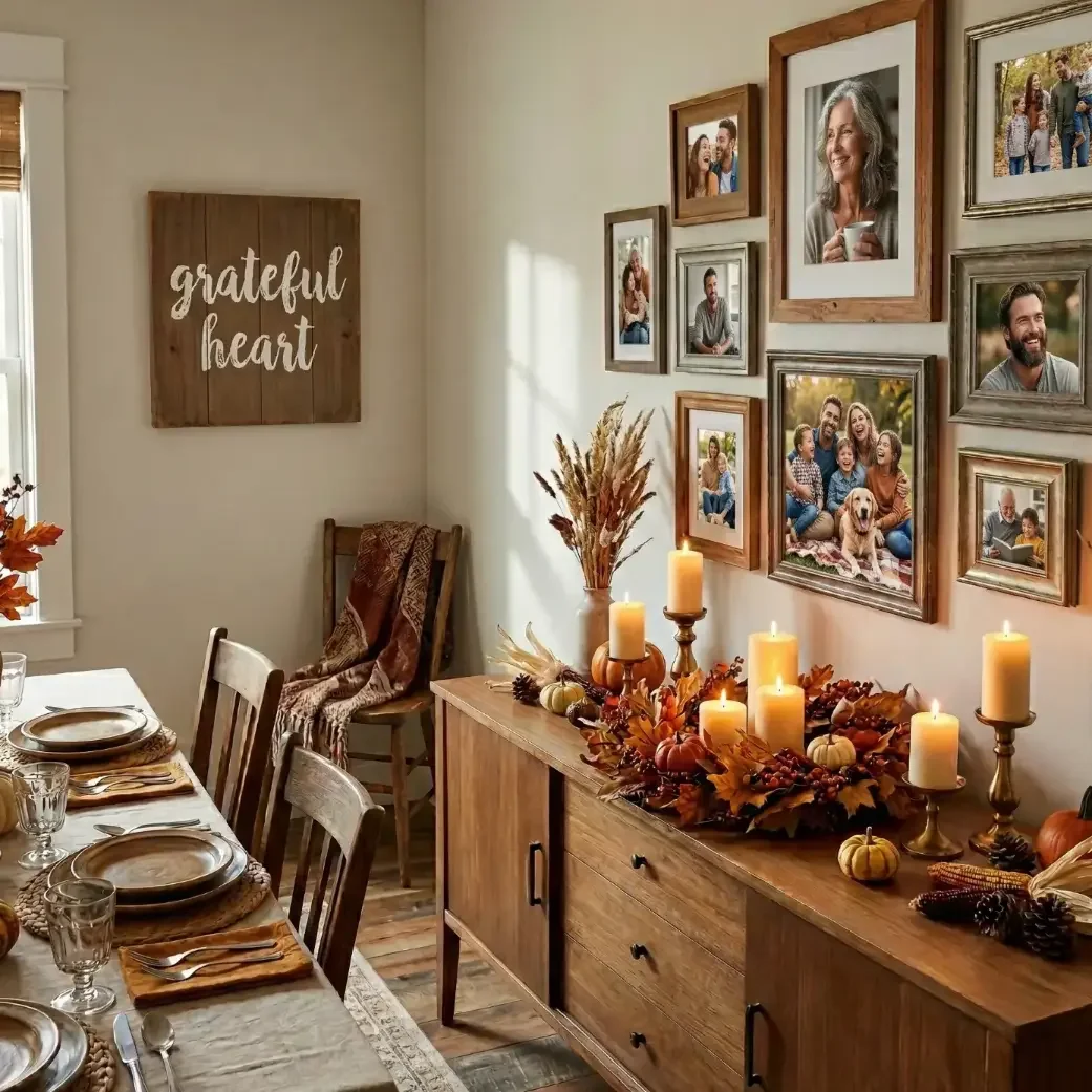 Fall dining room with family photo wall and candlelit sideboard