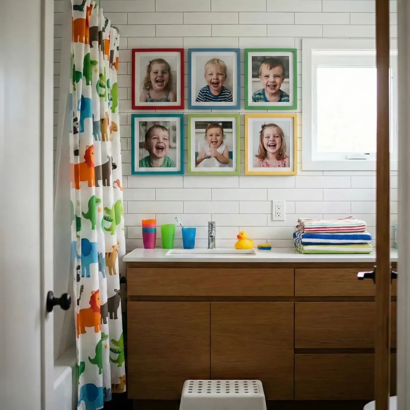 Kid's bathroom with colorful framed portraits and fun shower curtain.