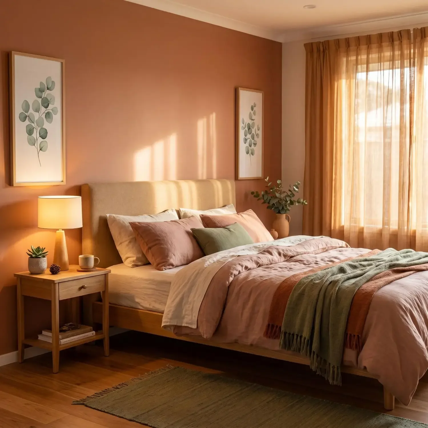 Bedroom with paired eucalyptus botanical framed prints