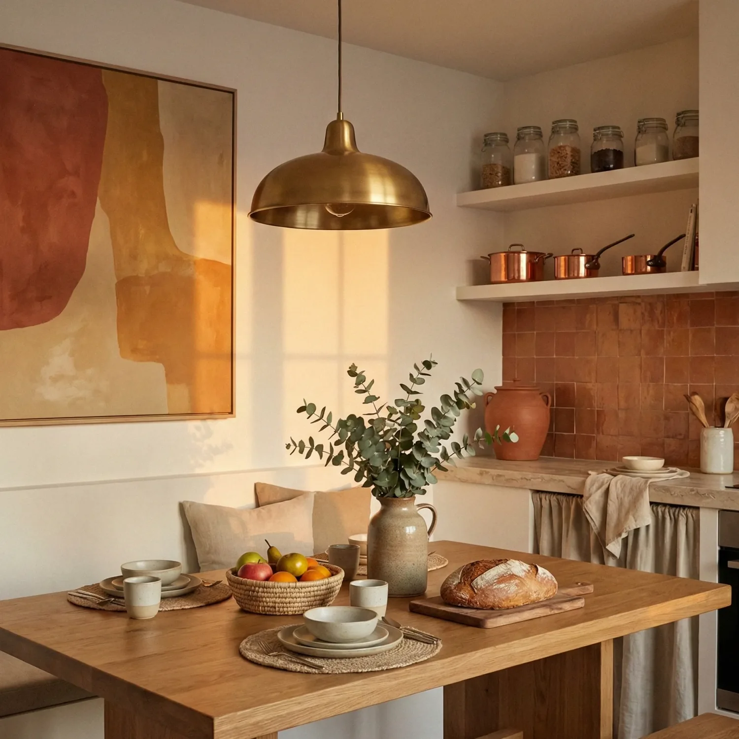 Warm kitchen dining nook with brass pendant and rustic bread